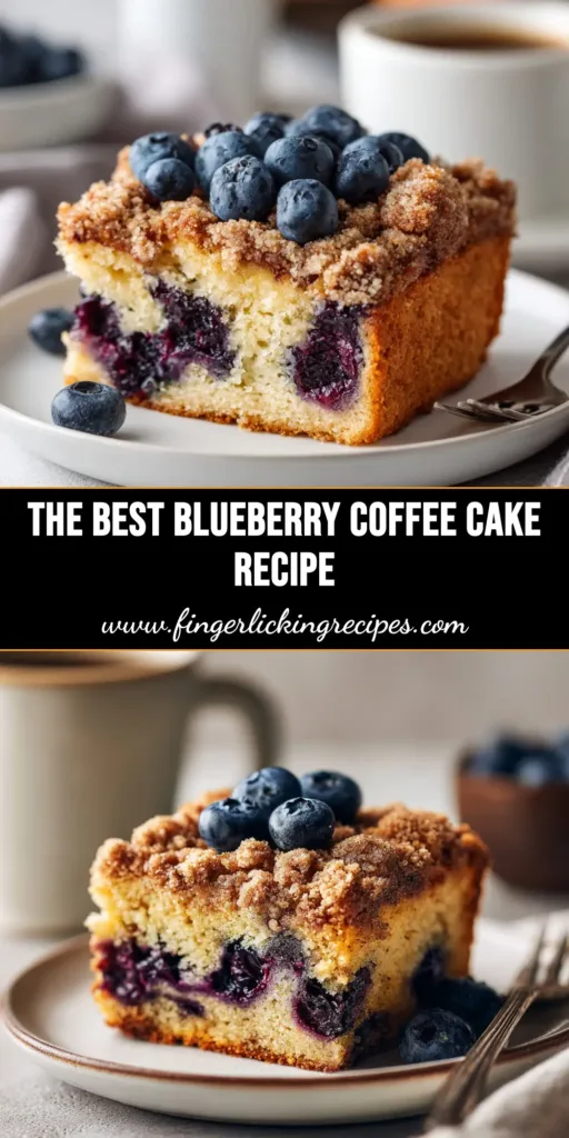An overhead shot of a delicious Blueberry Coffee Cake in a baking dish, with one perfect square slice removed to show the moist interior.