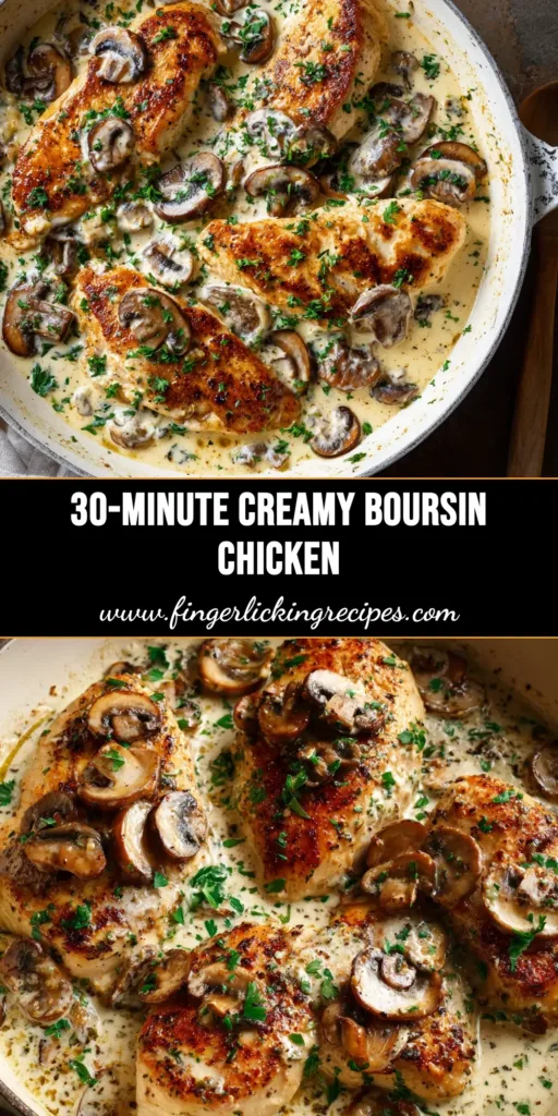 An overhead shot of the creamy Boursin Chicken Recipe in a skillet, garnished with fresh herbs. The perfect pin to save for a quick weeknight dinner.