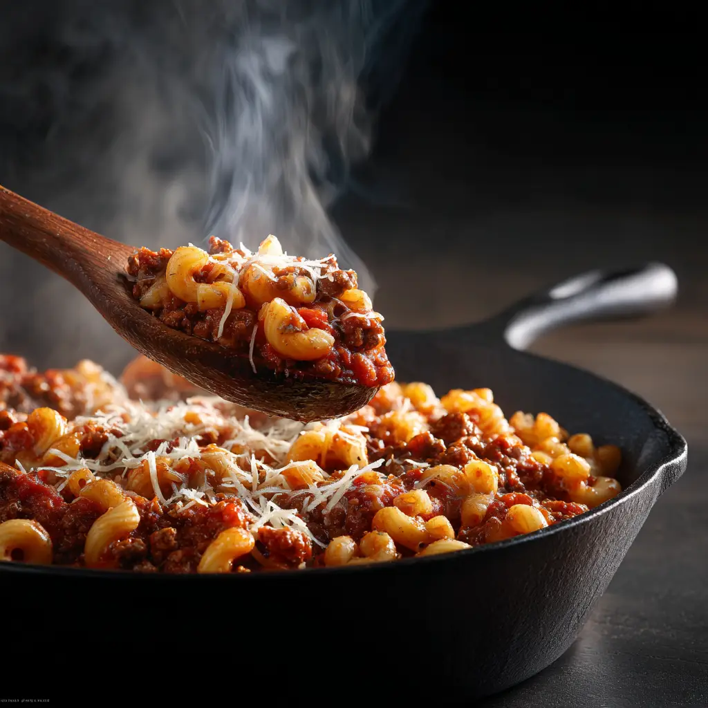 A finished bowl of the easy ground beef and macaroni recipe, topped with melted cheddar cheese and ready to eat.