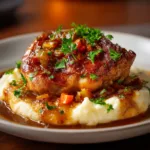 A Dutch oven filled with braised chicken thighs in a savory osso buco sauce with carrots, celery, and tomatoes.