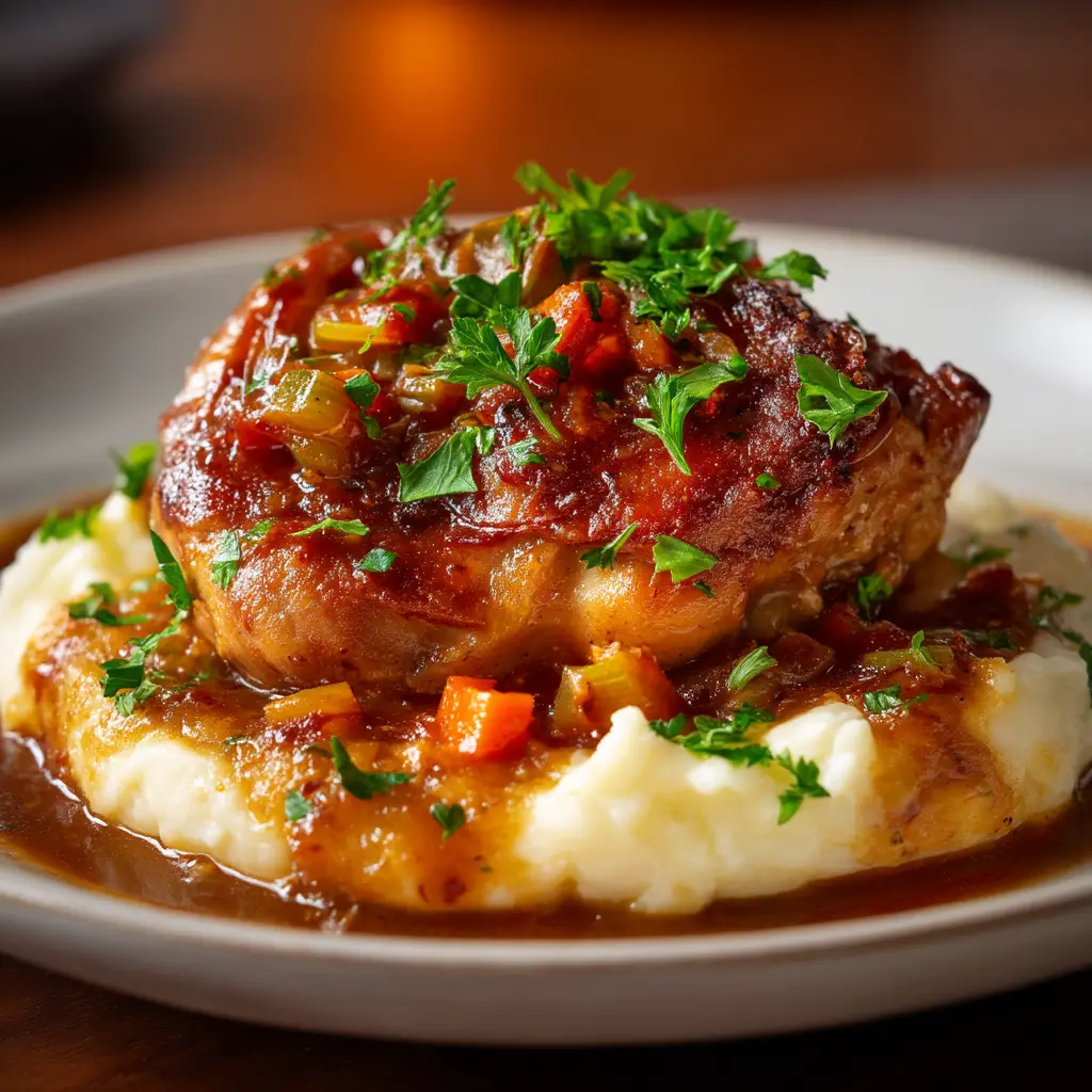 A Dutch oven filled with braised chicken thighs in a savory osso buco sauce with carrots, celery, and tomatoes.