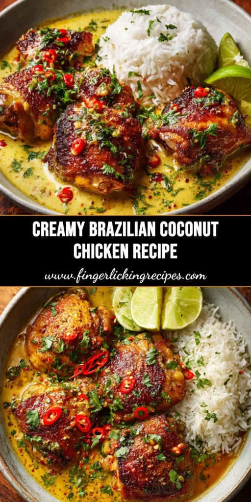 Brazilian Coconut Chicken (The Easiest Moqueca de Frango) 4 A beautiful overhead shot of Brazilian Coconut Chicken (Moqueca de Frango) served in a white bowl over rice, garnished with fresh cilantro.