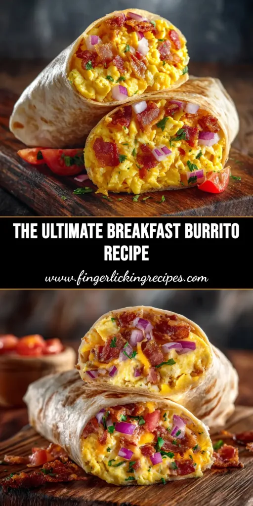 Breakfast Burrito Recipe (That's Perfect for Meal Prep) 5 A delicious and easy breakfast burrito recipe pin graphic with text overlay. The image shows a burrito cut in half, revealing a hearty filling of eggs, sausage, and cheese.