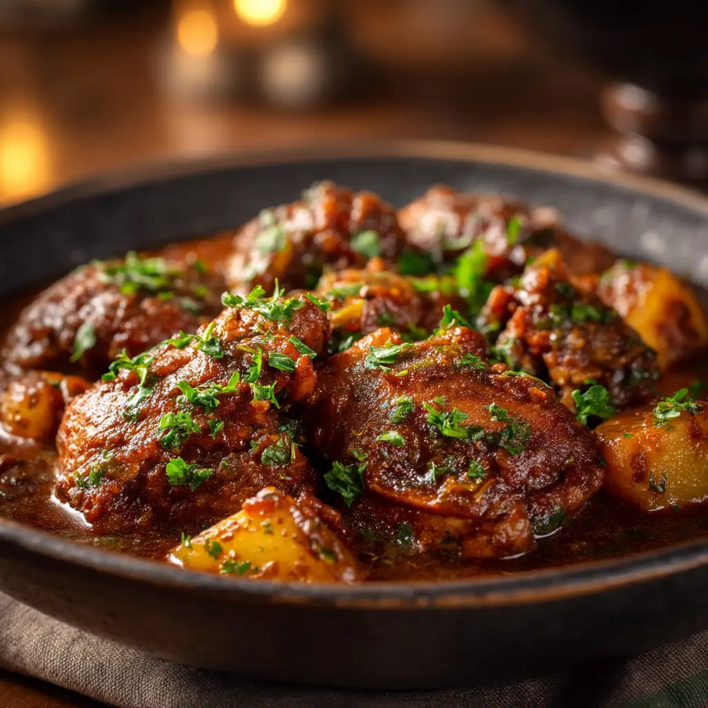 Step-by-step cooking process for Jamaican brown stew chicken, showing chicken pieces browning in a dutch oven.
