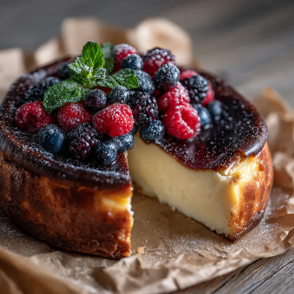 Citrus Berry Burnt Cheesecake: The Ultimate Creamy, Crustless Dessert 2 An overhead view of the creamy batter for the citrus berry burnt cheesecake being poured into the parchment-lined springform pan.