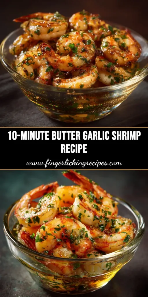 A top-down view of a skillet filled with delicious butter garlic shrimp, garnished with fresh parsley and a lemon wedge on the side.