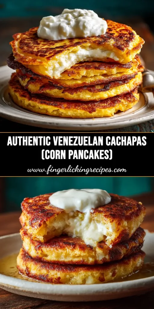 A shareable pin image for the authentic Cachapas Recipe, showing a stack of golden Venezuelan corn pancakes filled with melted cheese.