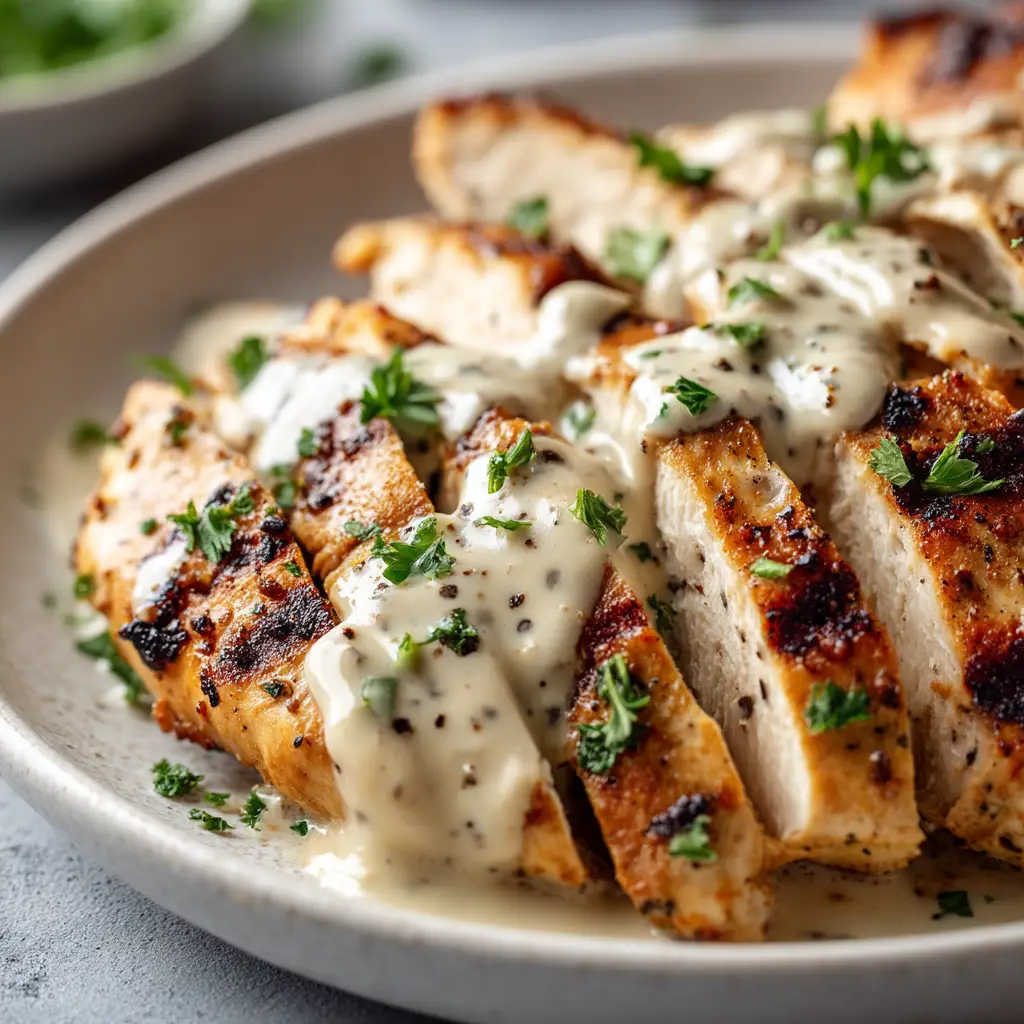 A serving of Caesar chicken presented on a plate, ready to be eaten, with a side of creamy homemade Caesar dressing.