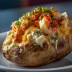 Extreme close-up of a loaded baked potato with a creamy Cajun shrimp and crab filling, showing the rich texture of the seafood.