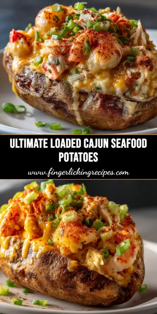 A delicious Cajun Seafood Stuffed Potato loaded with a creamy shrimp and crab filling and topped with melted cheese and fresh green onions.