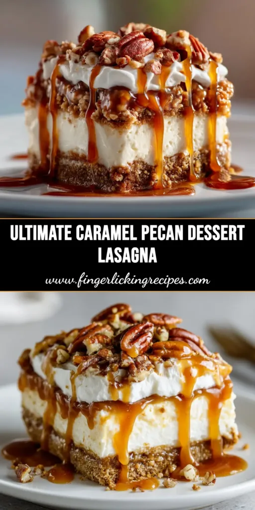 A large platter of Caramel Pecan Lasagna Squares, showing the distinct layers of crust, cream cheese, caramel pudding, and whipped topping, garnished with pecans.