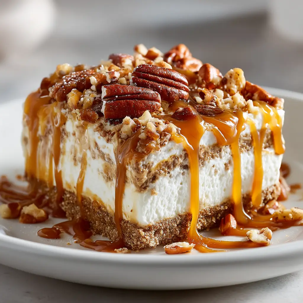 A perfect square of no-bake caramel pecan dessert lasagna on a white plate, showcasing its neat layers.