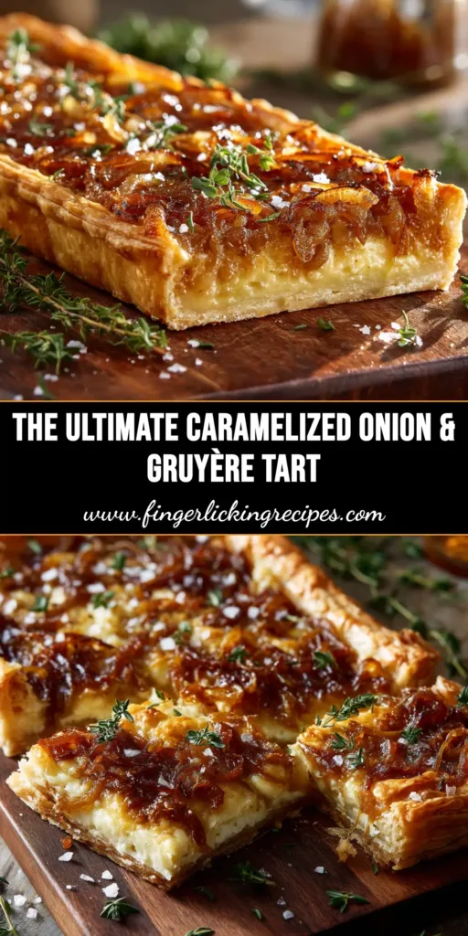 A beautiful golden-brown caramelized onion tart served on a rustic wooden board, with one slice cut out to show the rich filling.