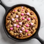 A perfectly baked Valentine's skillet cookie fresh out of the oven, with a golden-brown top and melted chocolate chips.