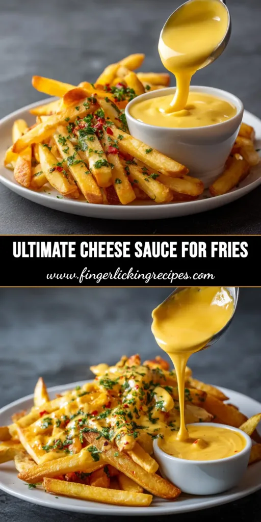 Cheese Sauce for Fries: The Ultimate 10-Minute Recipe 5 An overhead shot of golden crispy french fries being drizzled with a rich and creamy homemade cheese sauce for fries.