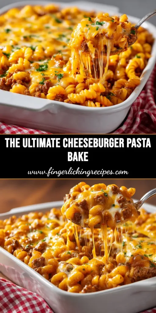 A close-up overhead shot of a delicious Cheeseburger Pasta Casserole in a white baking dish, showing the cheesy, golden-brown topping and a spoonful being served.