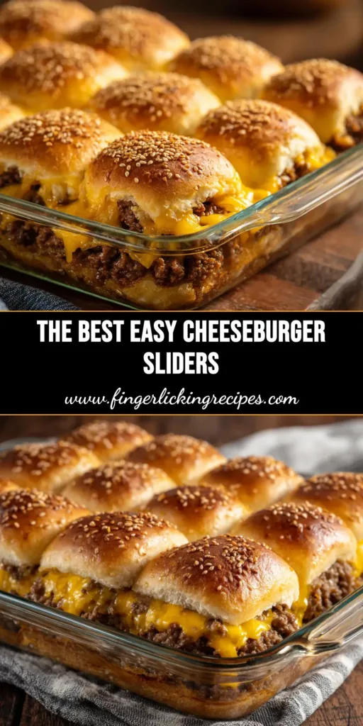 A shareable pin image showing golden-brown baked cheeseburger sliders on Hawaiian rolls, ready to be pulled apart. The perfect party food recipe.