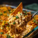 A close-up spoonful of cheesy chicken Dorito casserole, with melted cheese stretching from the spoon.