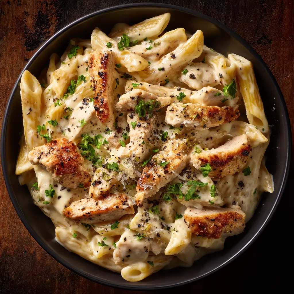 Crack Chicken Penne: The Ultimate One-Pot Comfort Meal 2 A close-up serving of cheesy chicken penne with bacon on a plate, emphasizing the creamy texture and fresh toppings.