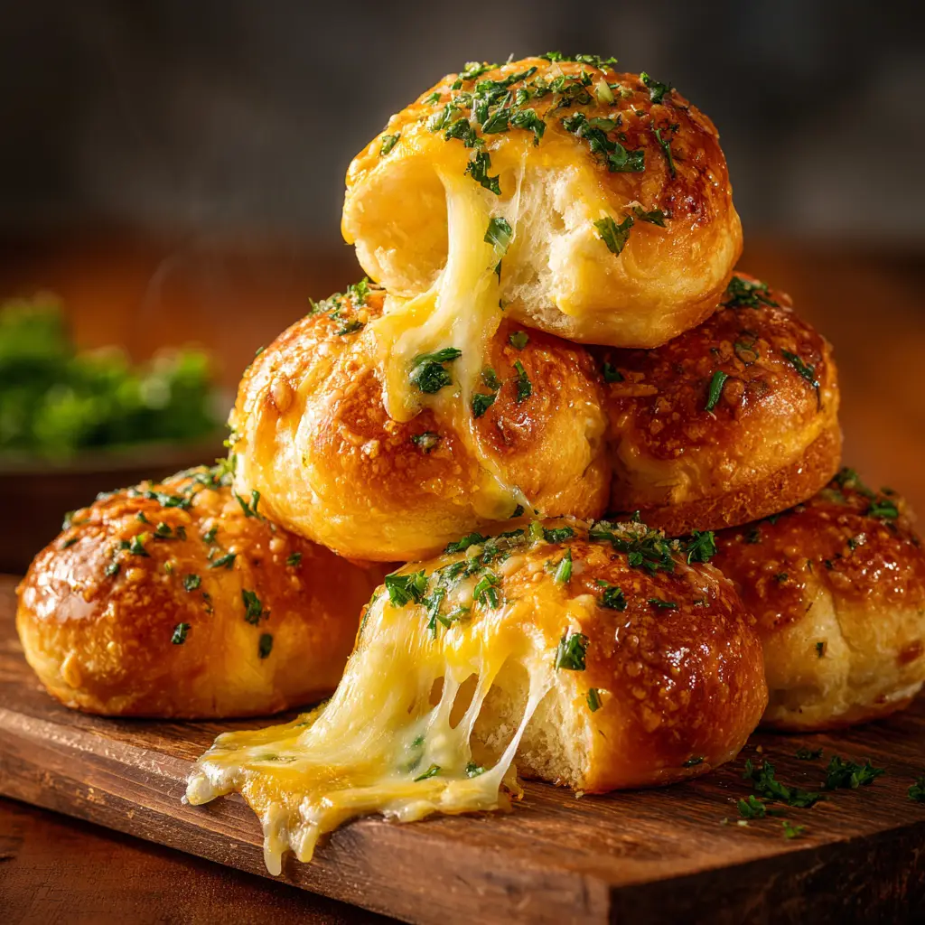 Garlic Cheese Bombs (The Easiest, Cheesiest Appetizer!) 3 A stack of freshly baked garlic cheese bombs on a rustic wooden board, garnished with fresh parsley. The cheesy garlic bombs are golden brown and glistening with butter.