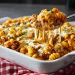 An extreme close-up of the cheesy ground beef and macaroni mixture for the cheeseburger pasta casserole, highlighting the creamy sauce and texture.