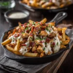 A high-angle shot of cheesy chicken bacon ranch fries on a baking sheet, fresh out of the oven and ready to be served.