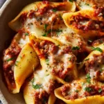 Sausage Stuffed Shells (The Ultimate Comfort Food Recipe) A close-up shot of a single sausage stuffed shell on a plate, showing the rich ricotta and sausage filling, topped with marinara sauce and melted mozzarella.
