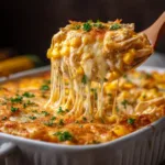 An extreme close-up of the golden-brown baked topping of the elote chicken casserole, showing melted cheese and specs of chili powder.