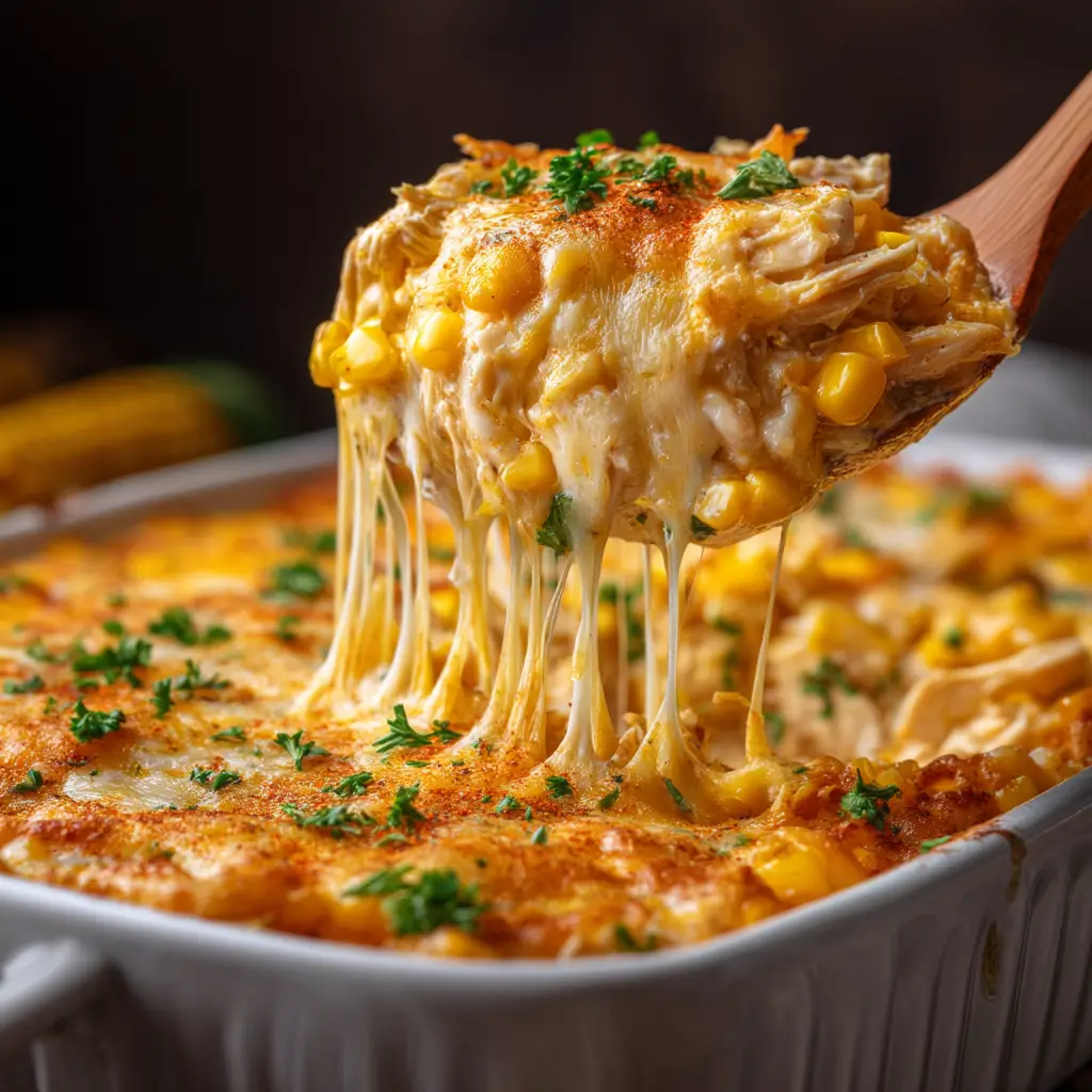 An extreme close-up of the golden-brown baked topping of the elote chicken casserole, showing melted cheese and specs of chili powder.
