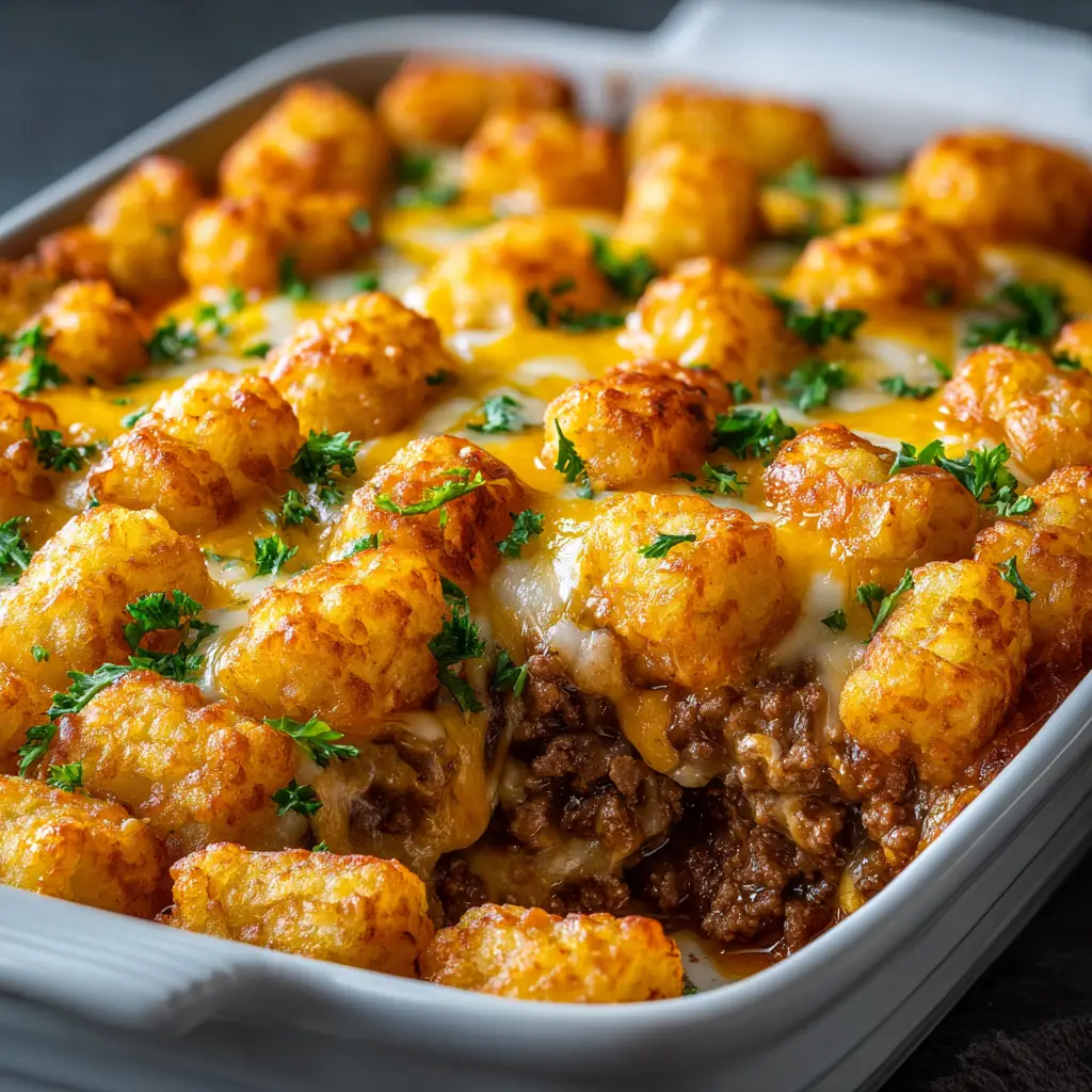 Tater Tot Casserole: The Ultimate Cheesy & Crispy Recipe 3 An extreme close-up shot of the cheesy tater tot casserole, showing the melted cheddar cheese and crispy texture of the tater tots.