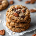 A close-up shot of a stack of three thick and chewy gluten-free oatmeal cookies, showcasing their soft texture and wholesome oats.