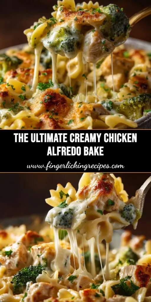 A delicious and creamy Chicken and Broccoli Alfredo Bake in a white casserole dish, showing the golden-brown cheesy topping.