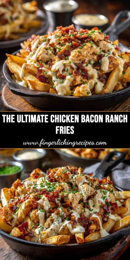 A delicious platter of Chicken Bacon Ranch Fries, loaded with melted cheese, crispy bacon, and fresh green onions. The ultimate appetizer or meal.