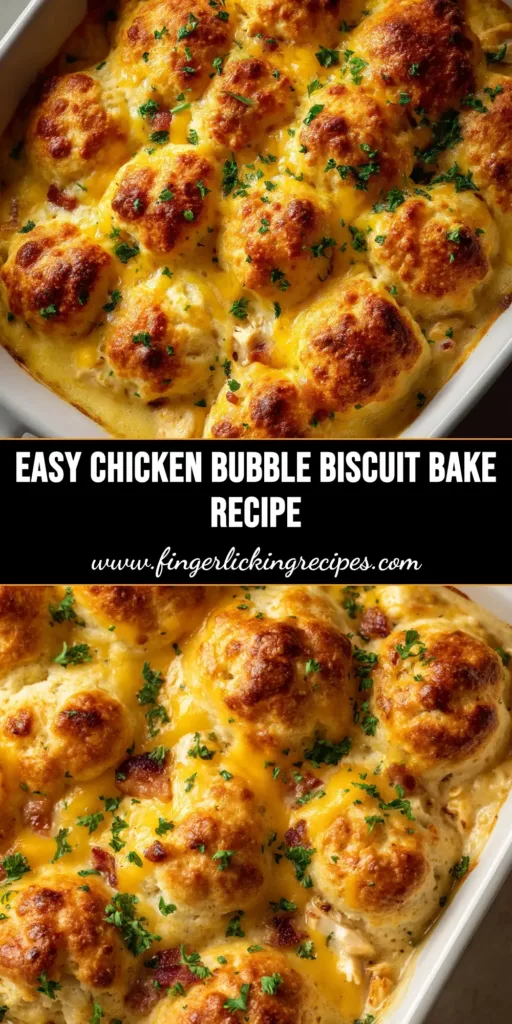 A delicious Chicken Bubble Biscuit Bake in a white baking dish, showing golden brown biscuits on top of a creamy chicken filling. A serving spoon is lifting a portion out, revealing the cheesy interior.