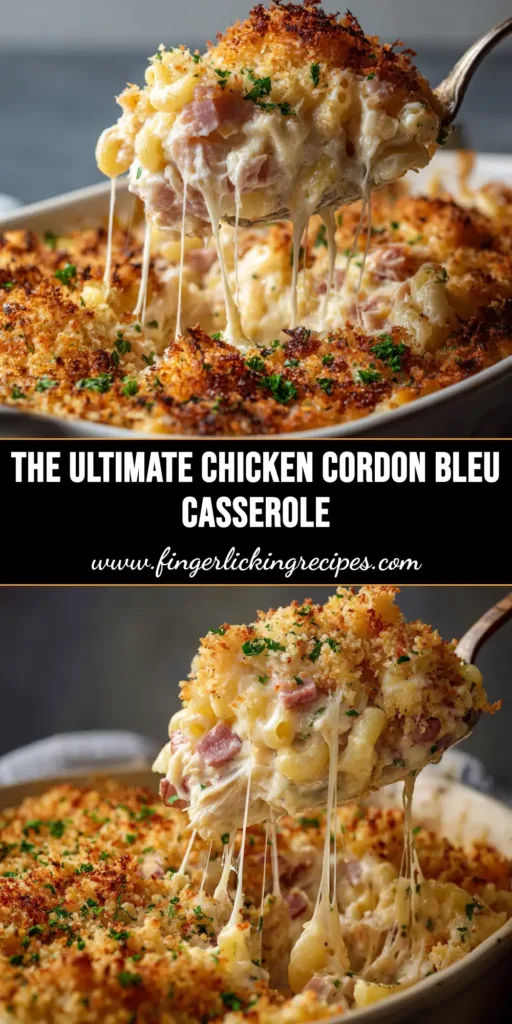 A delicious and creamy Chicken Cordon Bleu Casserole in a white baking dish, topped with golden-brown breadcrumbs and ready to be served.