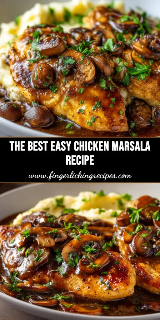 An overhead shot of the finished Chicken Marsala Recipe, showing tender chicken in a creamy mushroom sauce in a skillet, garnished with fresh parsley.