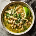 A close-up view of a white ceramic bowl filled with hearty chicken posole verde, highlighting the tender shredded chicken and hominy in a green broth.