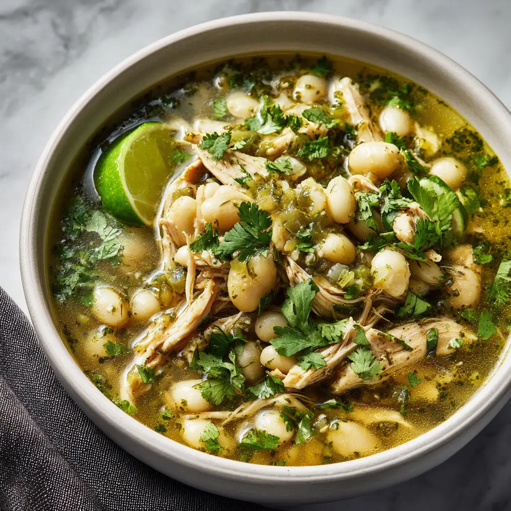 An overhead shot of a bowl of slow cooker chicken posole, artfully arranged with colorful toppings like sliced radishes, avocado, and fresh lime.