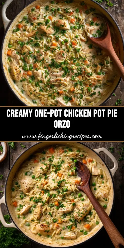 A beautiful overhead shot of creamy chicken pot pie orzo in a white bowl, garnished with fresh parsley. This image shows the final one-pot comfort meal.