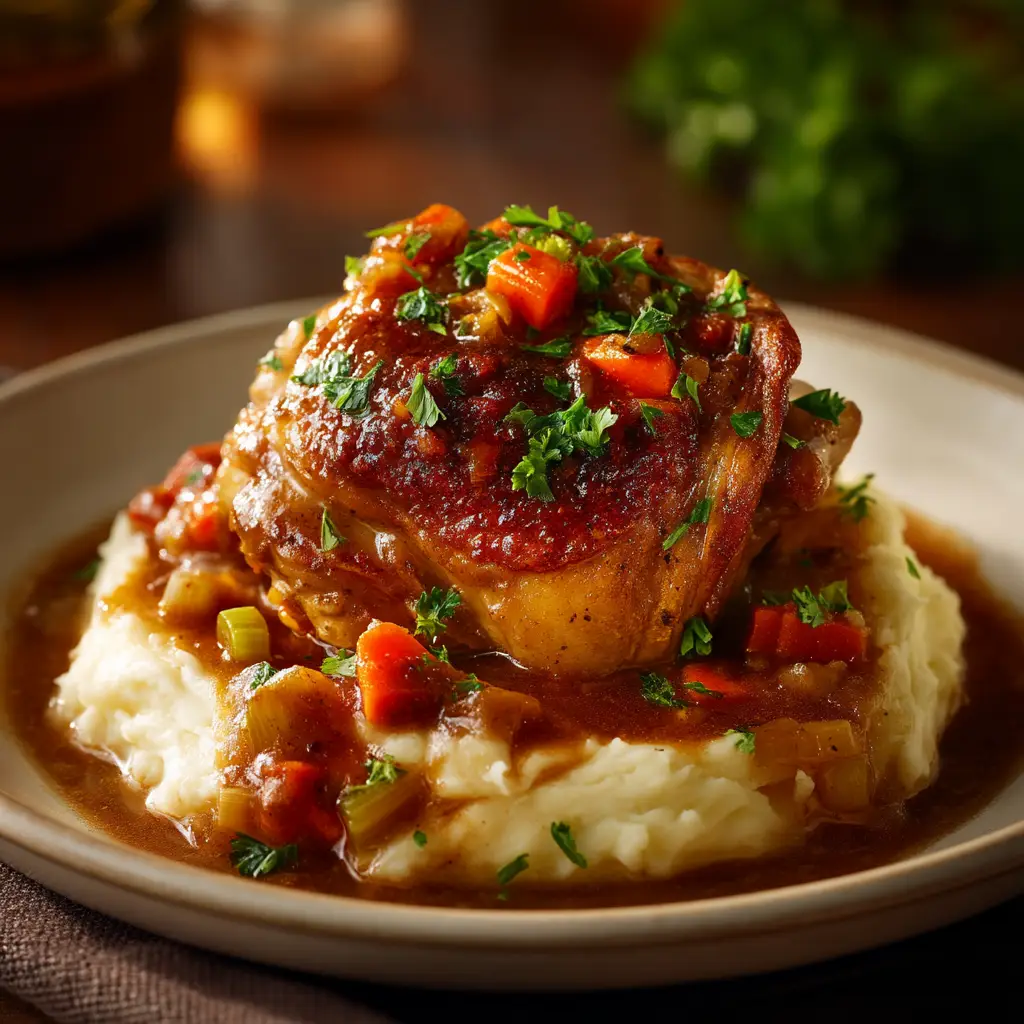 A plate of ingredients for chicken osso buco, including bone-in chicken thighs, carrots, celery, onions, and a can of crushed tomatoes.
