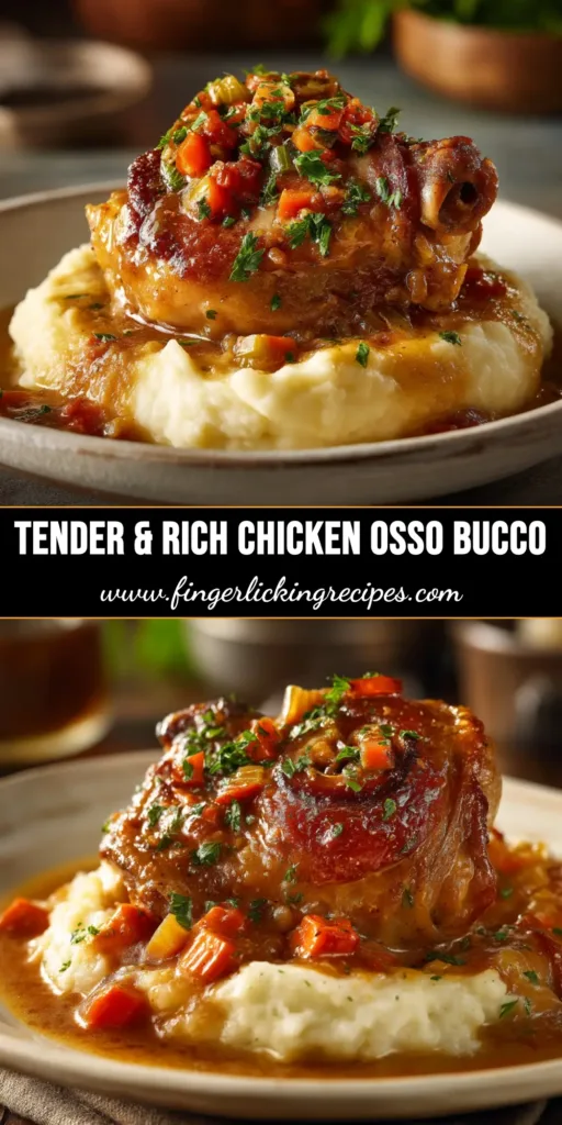 A close-up shot of Chicken Thigh Osso Bucco in a rustic bowl, showing tender chicken in a rich tomato sauce, garnished with fresh parsley.