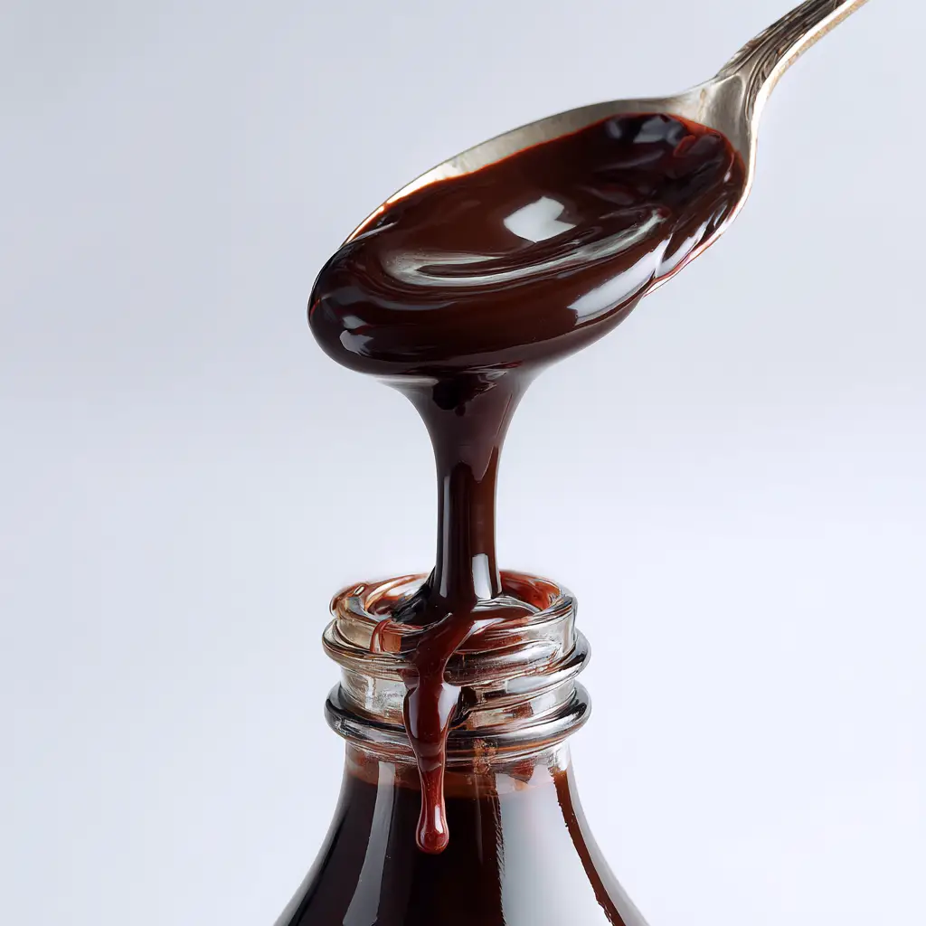 A glass of homemade chocolate milk next to a small jar of the freshly made chocolate syrup.