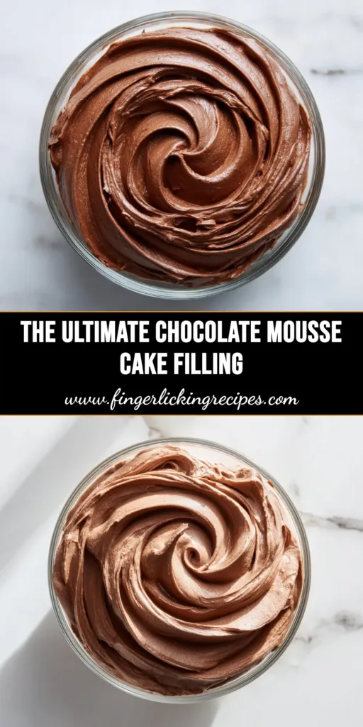 A pin image showing a rich and stable chocolate mousse filling being piped onto a cake layer, with text overlay reading 'The Best Chocolate Mousse Filling Recipe'.