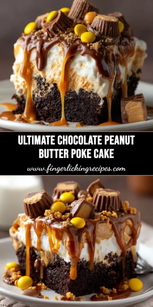 A top-down view of a delicious Chocolate Peanut Butter Poke Cake in a baking dish, topped with fluffy peanut butter frosting and chopped peanut butter cups.