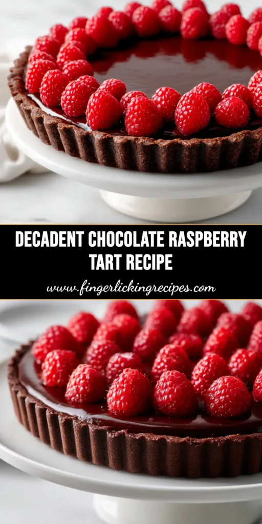 A beautiful overhead shot of a finished Chocolate Raspberry Tart with a chocolate cookie crust, dark chocolate ganache filling, and fresh raspberries on top.