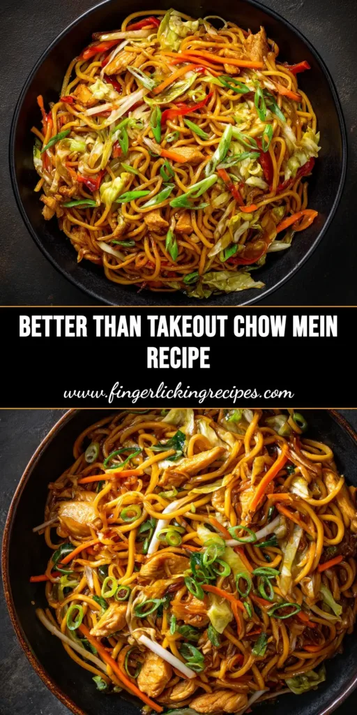 A delicious and easy Chow Mein Recipe in a white bowl with chopsticks, showing stir-fried noodles with chicken and fresh vegetables. Better than takeout!