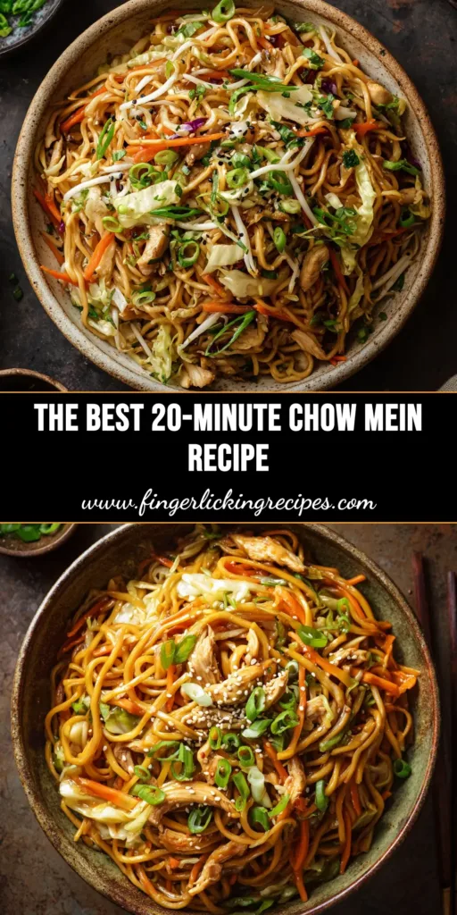 Chow Mein Recipe (Better Than Takeout) 5 A delicious and easy homemade Chow Mein Recipe in a white bowl, showing crispy noodles, chicken, and vegetables, ready to be pinned.