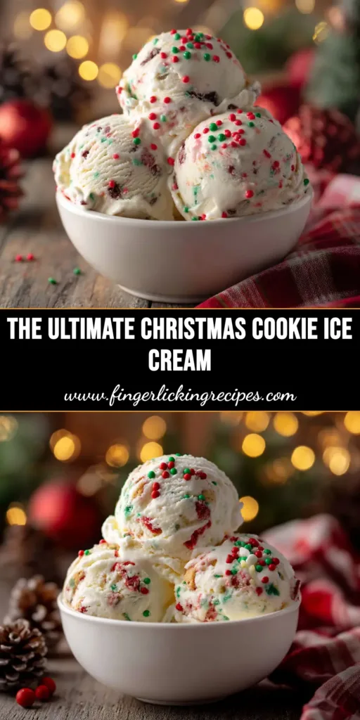 A festive scoop of homemade Christmas cookie ice cream in a bowl, studded with colorful sprinkles and cookie pieces. The perfect no-churn holiday dessert.