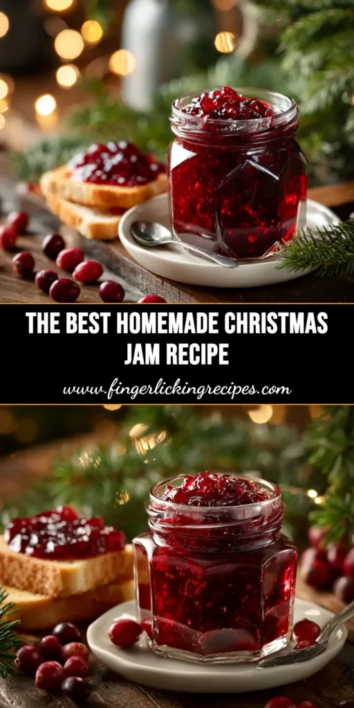Christmas Jam Recipe: A Festive Holiday Spread 5 A beautiful jar of homemade Christmas Jam, showcasing its vibrant red color, tied with a festive ribbon. Perfect for a holiday gift.