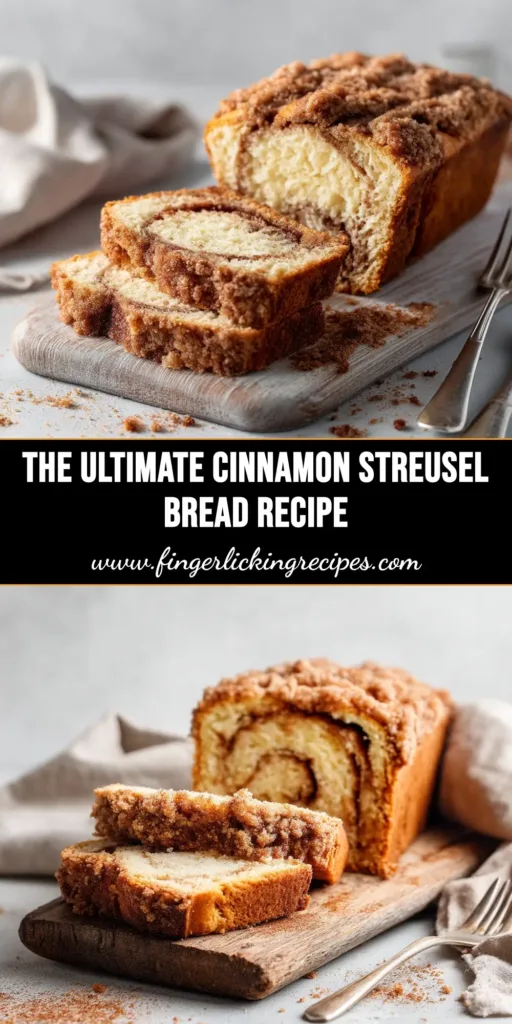 A perfect slice of homemade Cinnamon Streusel Bread on a plate, showing the beautiful cinnamon swirl and thick, crumbly streusel topping. The background is a cozy kitchen setting.